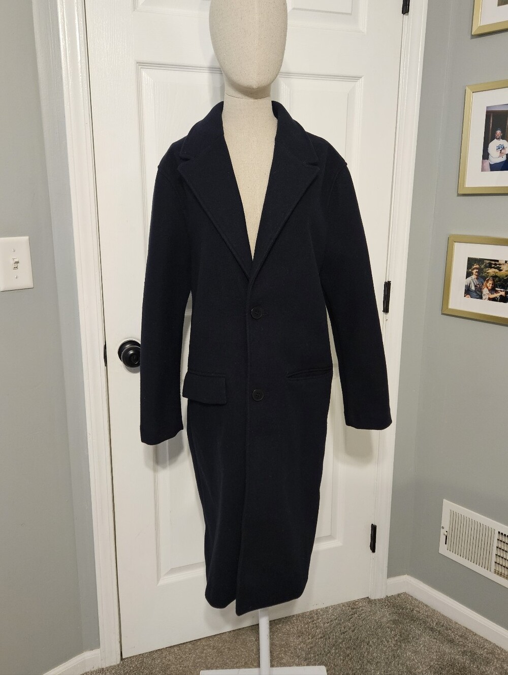 Zara Navy Single-Breasted Long Pea Coat
